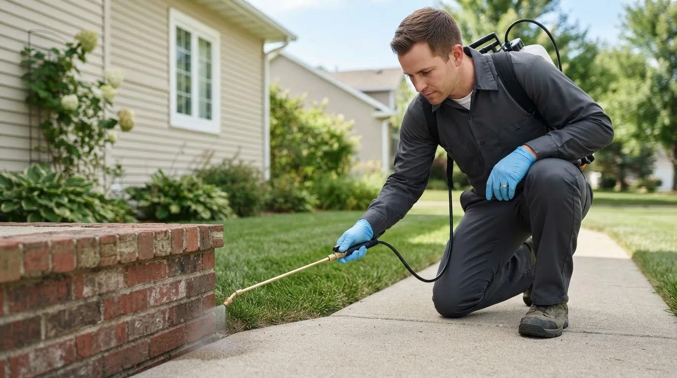 Pest control technician treating a home near Millersburg, IA