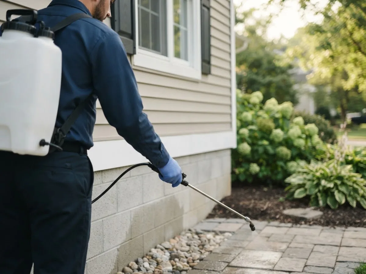 Pest control technician inspecting a home in Millersburg, IA